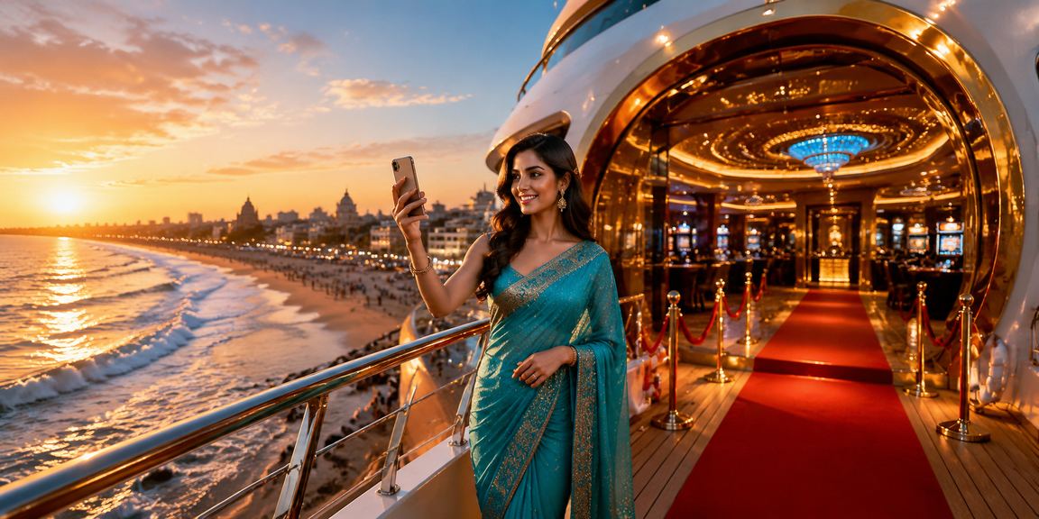 Female player enjoying mobile casino games near Chennai Marina Beach using smartphone