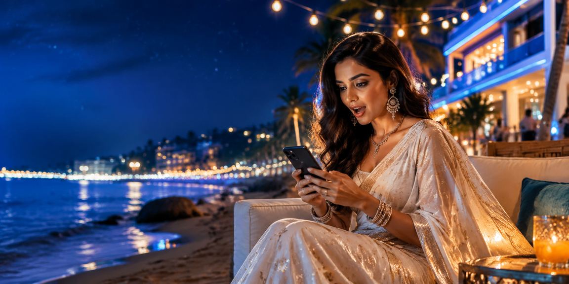 A woman enjoying live casino games on mobile during evening in India